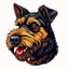 Placeholder: head of angry Airedale Terrier dog, facing viewers left, with blood shot eyes and bloodied teeth and bushy fur, an orange color chain collar around neck, vector