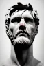 Placeholder: Ultra Realistic image, roman sculpture, white marble material, Lionel Messi, Laurel leaves wreath, miguel angel style, chisel style, emperador, waist up portrait, ultra hd, perfect texture, epic, celestial, cinematic lighting, God light, god rays, 4k resolution, smooth details, ornate details, soft lighting, unreal engine 5, marble background.