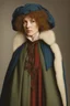 Placeholder: Half body portrait of a young woman in winter clothes in the style of jan van eyck in colors on a white background