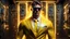 Placeholder: Hyper Realistic handsome muscular Electric-Superhero wearing long-fancy-yellow-tuxedo & fancy-sunglasses in a dark-rustic-circuit-room with electric-sparks-&-rays & a massive circuit-board-wall showing dramatic & cinematic ambiance.