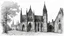 Placeholder: Ground-level black-and-white outline sketch of ruined gothic church with a tall, crooked roof and chimney and a cobbled street