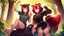 Placeholder: Two Girls, red hair, raccoon ears, raccoon tail, raccoon face, forest, sit on tree, raccoon paws on hand, paws on foot,