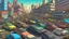 Placeholder: fantasy, A crowded parking lot filled with a variety of cars, trucks, and other vehicles of different makes, models, and colors. The scene depicts a busy urban environment with tall buildings visible in the background, adventure core, soft and dreamy depictions, epic eerie