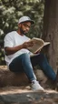 Placeholder: A man wears a white Dad Hat and wears glasses and is busy reading with a tree behind him, high resolution, and the image focuses on the Dad Hat