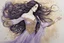 Placeholder: Dynamically dancing long haired brunette woman, in Klimt style, in lilac, watercolor and ink, golden glitters