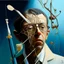 Placeholder: Abstract painting formed by a mix of human flesh-like surgical instruments and universe-like neuralink,strange musical instruments,minimalism,Painting By Adrian Ghenie, Rene Magritte, Salvador Dali, Lucian Freud