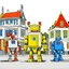 Placeholder: A small city with robots painted by Piet Mondrian