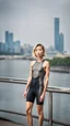 Placeholder: beautiful anorexic asian female, total shot, shiny anthracite triathlon swimsuit, short blond wavy bob hair, blurred city background