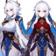 Placeholder: Clear focus,High resolution,High quality, white long fluffy hair, Red eyes, genshin warrior clothing style, curvy, Concept Art