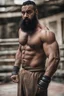 Placeholder: half figure shot photography of a burly ugly 30 year old italian boxer with big broken nose, very long muslim black beard, muscular beefy man shirtless, manly chest, big shoulders, short hair, photorealistic