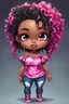 Placeholder: create a colorful abstract comic book art image 8k of a chibi curvy black female wearing torn jeans pants with fringe on the side and a pink-tie dye off the shoulder blouse. Prominent make up with hazel eyes. Highly detailed lonG CURLY PONYTAIL