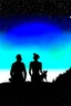 Placeholder: black background on a mountaintop and three silhouettes of a fit man, a silhouette of a fit woman, and silhouette of a Belgian malinois sitting next to the men and the woman looking at the stars