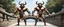 Placeholder: "double trouble", tip toe full body minotaur psionic master in threatening pose in swimsuit on stone bridge, front and back