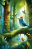 Placeholder: Pip, the main bird, embarks on a journey through the Enchanted Forest, observing and attempting to imitate the songs of other birds. Each attempt is portrayed in a series of vignettes, with Pip fluttering from tree to tree, trying out different tunes. The forest backdrop changes as Pip encounters various bird species, showcasing the diversity of the magical realm.