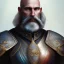 Placeholder: Bald Middle Aged Man , Shaved face , wearing Armor , Sapphire Eyes , Sword in back