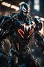 Placeholder: Venom in a robot transformer, super suit with spikes on his arms and shoulders, explode, hdr, (intricate details, hyperdetailed:1.16), piercing look, cinematic, intense, cinematic composition, cinematic lighting, color grading, focused, (dark background:1.1) by. Addie digi