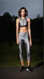 Placeholder: photography of a beautiful anorexic woman, grey satin triathlon top, brunette wavy bob haircut, pronounced sternum, flat chest, grey satin cycling leggins