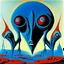 Placeholder: French surrealism animation art from 1970s, illustration of large blue alienoid creatures, mesmerizing, hallucinogenic tones, strange, creepy cutout style of animation of phantamosgoric giant blue alien with red eyes, Czech animation tradition, art by Roland Toper, Dali-esc environment, trance-like, Fantastic Planet aliens