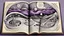 Placeholder: 3d, egy kinyitott régi old book, kézírással írva egymás alatti hosszab, és rövidebb sorok, szavak, és listák egymás alatt, de nem olvasható betükkel, human form, circles, lines, compass, around weird whimsical landscape sharp lines, different size fade eyes, hands, building, bookmark, amorph shapes, fog, dark purple, gray, black, white, brown. nightmare style of Chagall , of Minjae Lee, Anton Semenov, Bosch, lonely neurotipical life, fog in background, surreal vibe