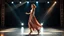 Placeholder: full body shot of a very beautiful lady with makeup and bob hair, wearing a pretty long skirt and heels, dancing gracefully on a modern stage with dynamic lights.