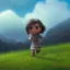 Placeholder: thick oil paint of a tiny little girl with long hair a grey hood covering face and a grey cloak side-running up a green grass hill, rimlight, profile, silhoutte, flare, colorful, joyful, bright, epic, realistic, detailed, sky in the background, happy pose, more colors, dragon flying over the mountains, leather boots