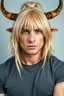 Placeholder: A portrait of an attractive stern ox bison lobster with wig, shoulder-length blond hair tied in a tight knot, pale skin,light green eyes, muscular build, wearing grey t-shirt