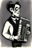 Placeholder: goth male necromancer with black hair playing a accordion in the style of charles addams