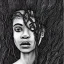 Placeholder: Paper. Pencil sketch art .the face of A young black woman. A wood nymph emerging from the forest. Her hair looks like vines. Dreadlocs. Her skin is the colour of dark soil. Her skin looks like tree bark. Her clothing is made of vines, grass and leaves.