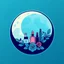 Placeholder: A circular logo designed for a cosmetics store with the symbol of the moon and turquoise and indigo colors and a blue and black circle decorated with cosmetics and nail polish, lipstick, body spray, body spray and rose leaves.