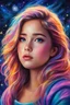 Placeholder: Masterpiece, best quality, oil pastel style, oil pastel painting, very detailed, high quality, 4k. Cute girl looks at the stars glowing, bright light hair, beautiful lovely eyes, beautiful night sky and glowing, she has enough strong imagination, fantasy and colorful world, vibrant colors.