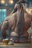 Placeholder: full body shot back view photography of a burly stocky giant gipsy lumberjack tattoed 55 years old , in italian restaurant, shirtless with swimwear, dreadlocks, long beard, emotive eyes, big shoulders, big fat bump, ambient occlusions, photorealistic