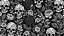 Placeholder: tracery of flowers and skulls, black and white, minimalistic