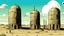 Placeholder: Aged comic book illustration of silos inhabited in a desert landscape, reminiscent of Dune, under a scorching midday sun. The silos are constructed from weathered concrete, with makeshift dwellings attached. Inhabitants, depicted as rugged Middle Eastern men and women in tattered robes, move about their daily lives. The sky is a harsh, cloudless blue, and the sand dunes stretch endlessly into the horizon.