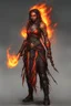 Placeholder: Paladin druid female made from fire . Hair is long and bright black some braids and it is on fire. Eyes are noticeably big and red and looks like fire. Make fire with hands . Has a big scar over whole face. Skin color is dark