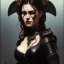 Placeholder: painted portrait of evil goddess in black leather, angry, strong, volouptous, busty, cleavage, emperious, highly detailed, digital painting, artstation, concept art, smooth, sharp focus, illustration, art by gaston bussiere and alphonse mucha