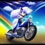 Placeholder: Sonic the hedgehog riding a motorcycle across a rainbow