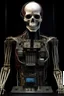 Placeholder: A creature half human half machine with electronic chips , front view