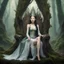 Placeholder: A beautiful as a model asian woodland elf princess who looks like Lucy Liu seated on a throne in a mystical forest