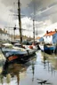 Placeholder: English fishing port in the style of Christopher Forsey