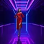 Placeholder: Professional fashion photography of a woman in a vibrant red pleated two-piece outfit posing gracefully. She is set within a minimalist futuristic interior dominated by cool blue and purple neon lighting. The glossy metallic floor perfectly reflects the glowing geometric architecture. High-end cinematic lighting with deep shadows and sharp highlights.