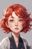 Placeholder: A short girl with thick short wavy red hair, narrow kind eyes with an enthusiastic look, full height, Wide oval face decorated with an upturned nose and small lips in the style of genshin impact