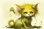 Placeholder: playing kittens Artist Jean-Baptiste Monge style. playing humanoid orange yellow white mossy kitty cat lizard-faced girl with mossy fur. White eyes.