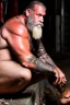 Placeholder: full figure shot frontal photography of a 58 year old dirty burly beefy gipsy carpenter wet sweat , tattoo, bullneck, long curly white beard , dreadlocks, manly chest, short white boxer, bulge, under the sun, sitting in the garbage outside an abandoned warehouse, misery and poverty, open legs, photorealistic, look at camera, very detailed , view from the ground , ambient occlusion