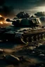 Placeholder: 20mm color photo of a gigantic tank, on a battlefield, depicting a dark future where robotic cyborg soldiers and heavy vehicles shooting lasers wage a devistating war.