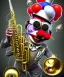 Placeholder: mechanoid happy friendly fat clown playing jazz with a steampunk theme, trumpet, danish flag, realistic