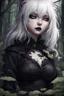 Placeholder: CAT GIRL, goth, forest, nature, cartoon, leaves, boobs, portrait, colour image, white hair