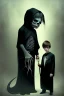 Placeholder: 7 year old boy, necromancer, friendly, looks dead,with a long lamprey emerging from his belly , wearing black robes, in the style of H.R. Giger
