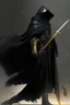 Placeholder: A commander with a black cloak and a long coat with long combat boots and a long spear with his Helmet is golden under his cloak like assasins