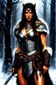 Placeholder: In the art style of Luis Royo: A female barbarian in chain mail and furs. Clip hunter for face reference.