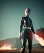 Placeholder: retro sci-fi portrait image from 1960, supermarket parking explosion, fire, young Scarlett Johansson, classic black tight lycra latex suit, gold bracelet and belt, soft color, highly detailed, unreal engine 5, ray tracing, RTX, lumen lighting, ultra detail, volumetric lighting, 3d, finely drawn, high definition, high resolution.